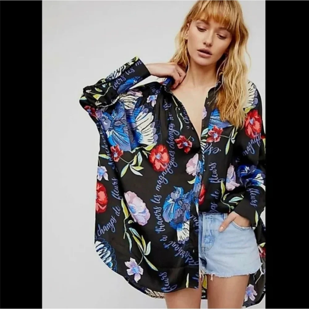 Free People Silky Nights Oversized Hi-Low Shirt size XS - Picture 3 of 10